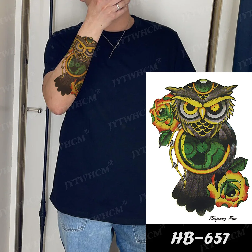 

Owl Forest Temporary Tattoo For Men Women Kids Boys Lion Fake Monster Tattoos Sticker Compass Black Water Transfer Tatoos Arm