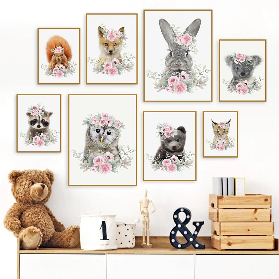 

Cute Baby Animals Wall Poster Nordic Pink Flower Canvas Painting Print Rabbit Fox Koala Decoration Home Picture For Living Room