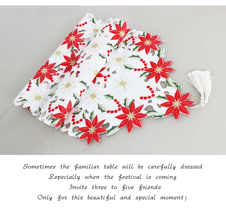 

Hot selling Christmas flower table flag, handmade hollow-out embroidered sateen table towel, table flag, meal pad