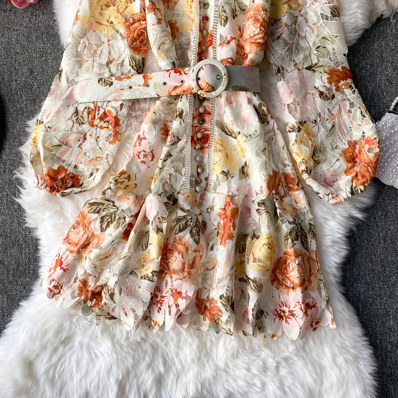 

Women Spring Retro Dress Stand Collar Lantern Sleeve Flower Print Dress Elegent Hollow Out Floral Lace Dresses