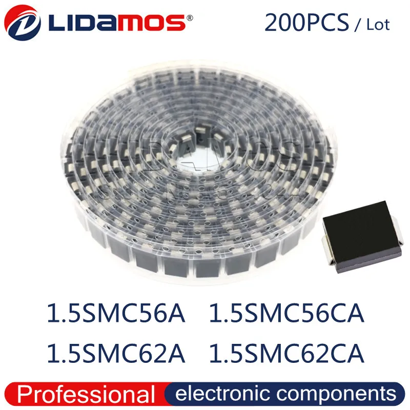 200 шт. TVS 1. 5smc56a 56A 5smc56ca 56C 5smc62a 62A 1.5SMC62CA 62C SMC Флюоресцентный супрессионный диод SMD