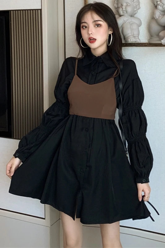 Women Spring High waist Loose Puff sleeve Shirt Dress Young Girl Student Solid Color Suspenders Princess Two-piece Sets | Женская одежда
