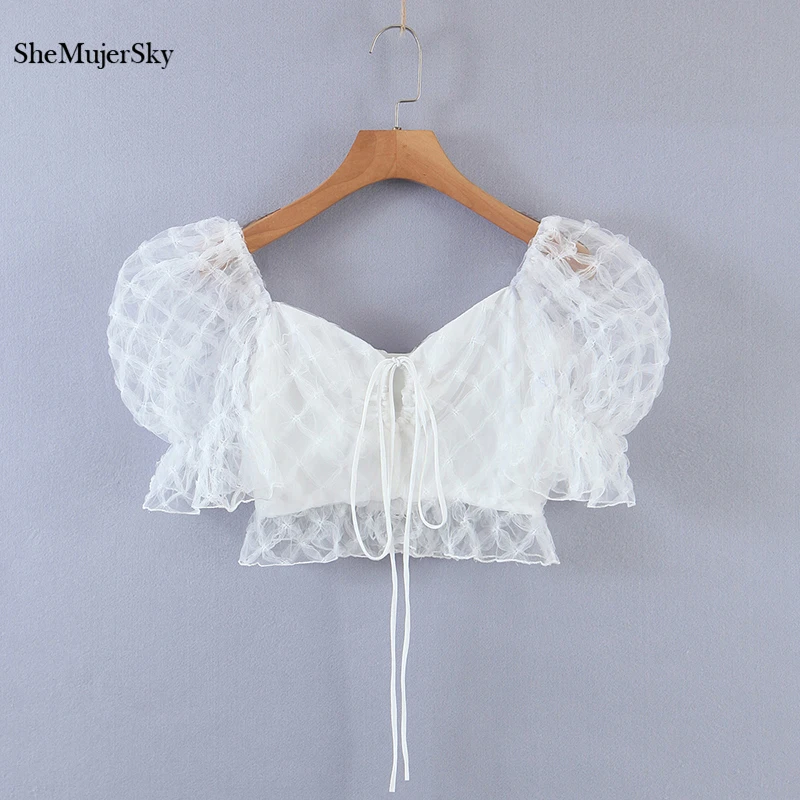 

SheMujerSky Sexy Vintage Lace Blouses Women Summer Lantern Sleeve Cropped White Tops 2021 Back Zipper Shirts
