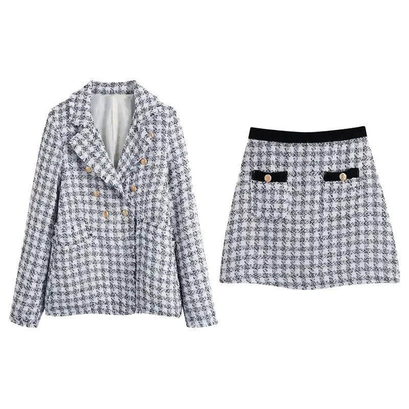 

Женский офисный костюм с юбкой Za, двубортный пиджак с высокой талией и мини-юбка, осень 2021