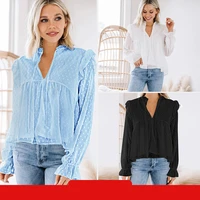2021 autumn womens v neck jacquard pure color simple and loose long sleeved ruffled chiffon shirt pullover women