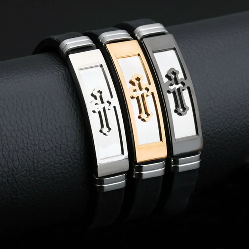 Черный/серебристый/золотой тон Крест Браслет манжета для мужчин черные