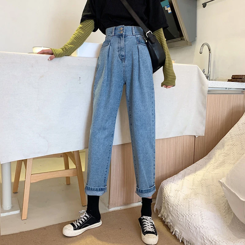 

Large size women's jeans new autumn and winter fat sister mm high waist slimming loose wide leg straight pants