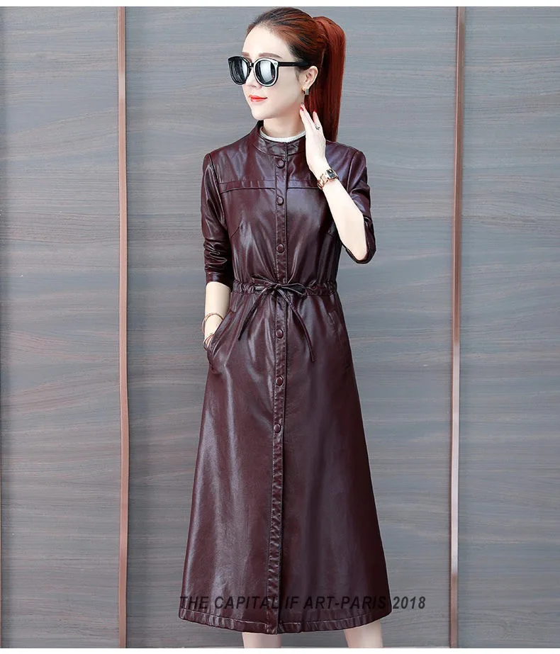 Vangull leather кожаная куртка женская мода тонкий ремень Длинная женская куртка PU мотоциклетная осенне-зимняя верхняя одежда шикарное пальто