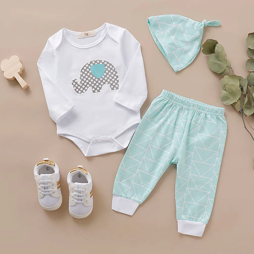 Kids Winter Clothes Infant Baby Boys&ampGirls Cartoon Elephant Print Long Sleeve Romper +Pants+Hat Outfits Roupa Infantil 3M-18M | Детская