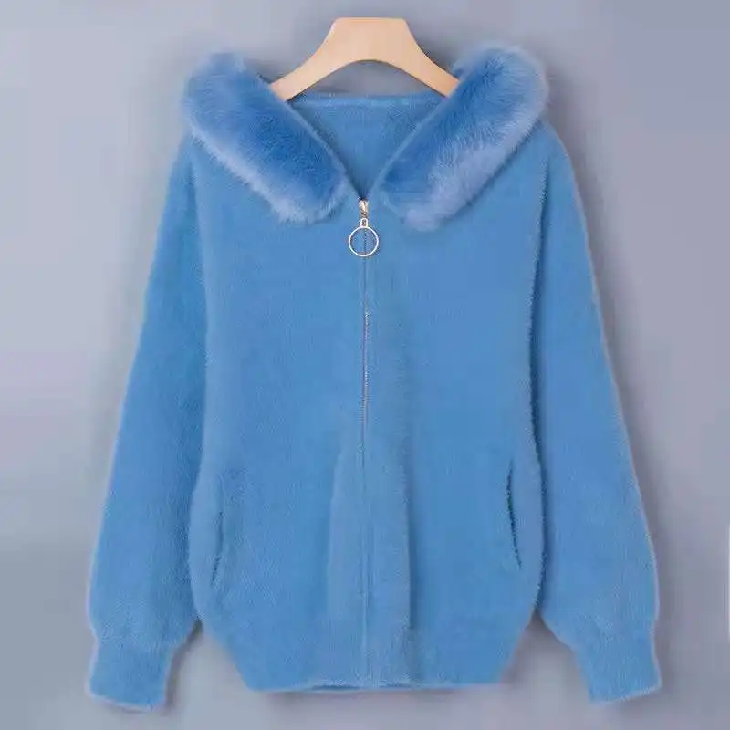 2021 Winter Loose Coat Imitation Mink Wool Female Wild Hooded Fur Collar Solid Color Lightweight Warm Sweater