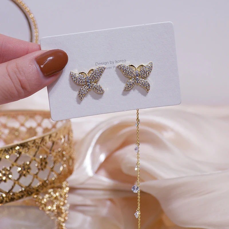 

Vintage Exquisite 14k Real Gold Jewelry Asymmetric Butterfly Earrings for Women Luxury AAA Zircon Stud S925 Silver Needle Gift