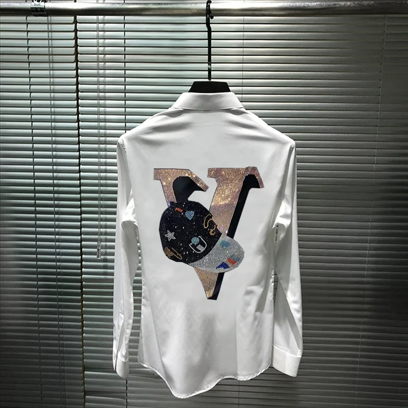 Classic Rhinestone New Hot Diamond Letter Spring Men's T-Shirt Long-Sleeved Style Youth Slim Tops