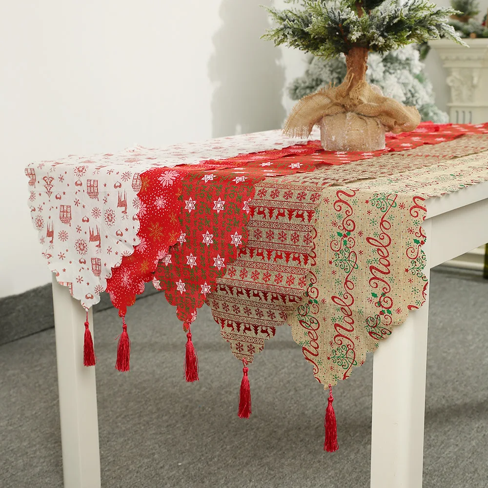 

Christmas New Year printing Table Runner Flag Ornaments Dining Table Dust Cover tassel tablecloth For Xmas Party Banquet Decor