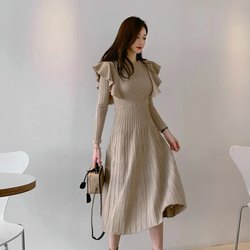 

Stretchy Flared Cocktail Party Dress Pleated Women's Dress Autumn Winter High Waist Ruffle Knitted Dress Women Korean Clothing