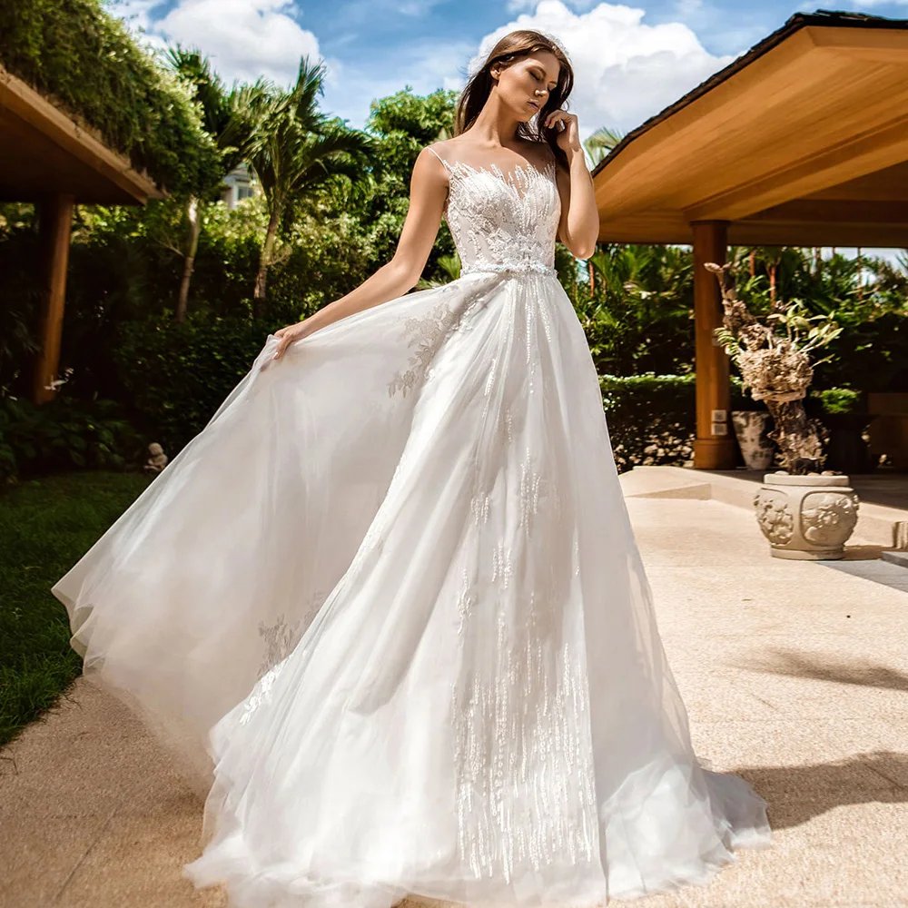 

2021 New O-Neck Wedding Dresses A-Line Appliques Beading Elegant Gorgeous Tulle Sleeveless Button Long Gown