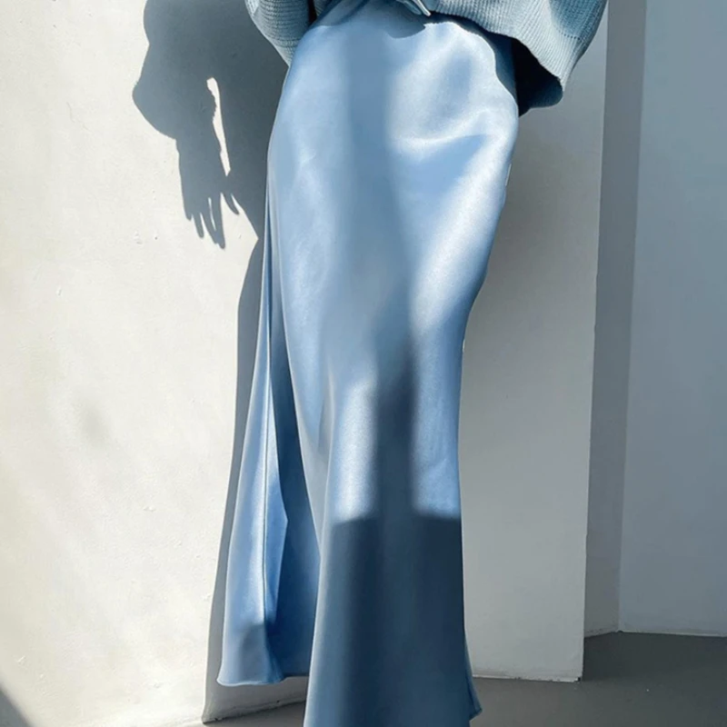 

Silk Women Skirt Soft Trumpet 2021 Fashion Summer High Waist Solid Party Casual Satin Female Skirts Office Lady Skirts