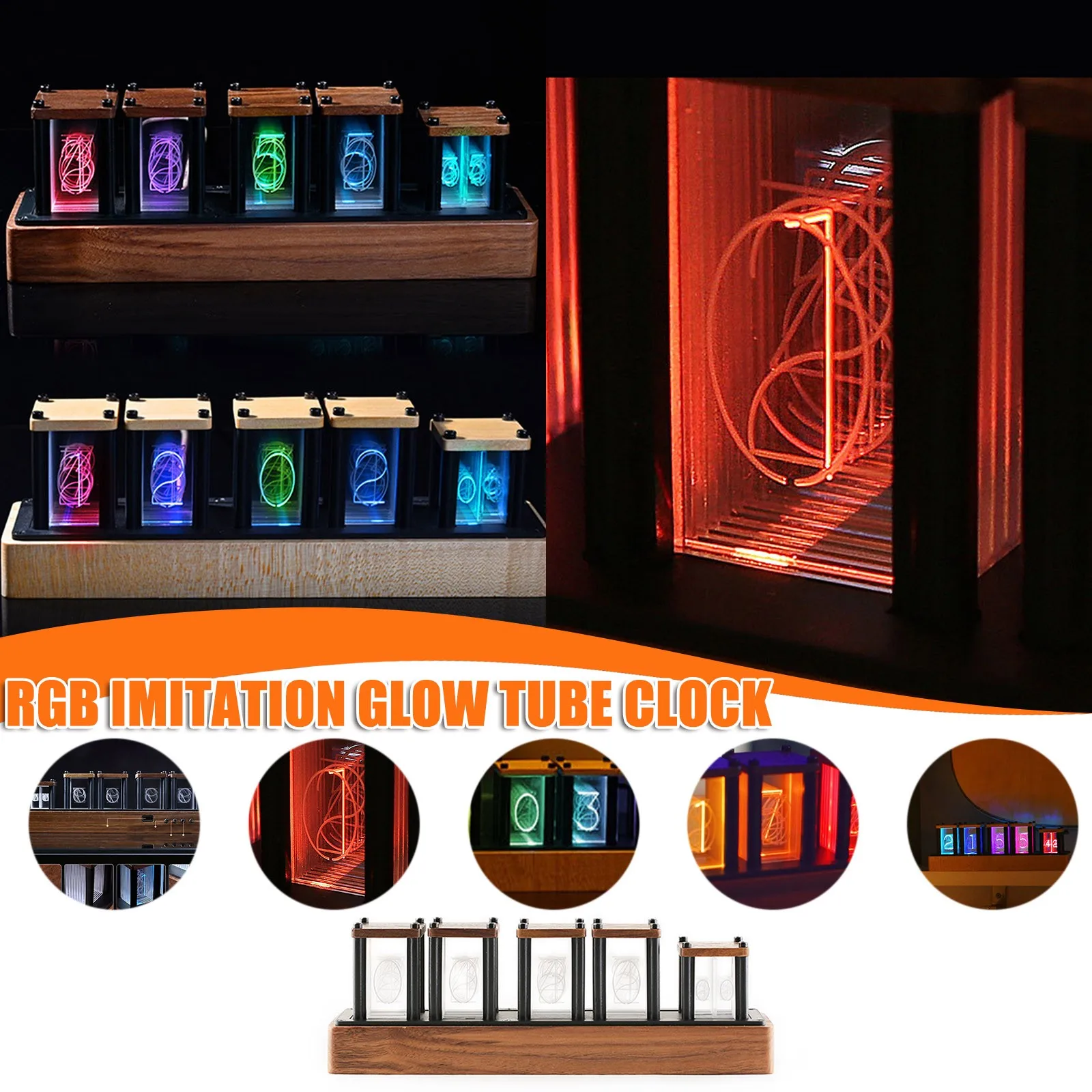

Led Clock With Black Walnut Panel Color Adjustable Retro Imitation Glow Tube Bedroom Decoration Electronics Digital Watch