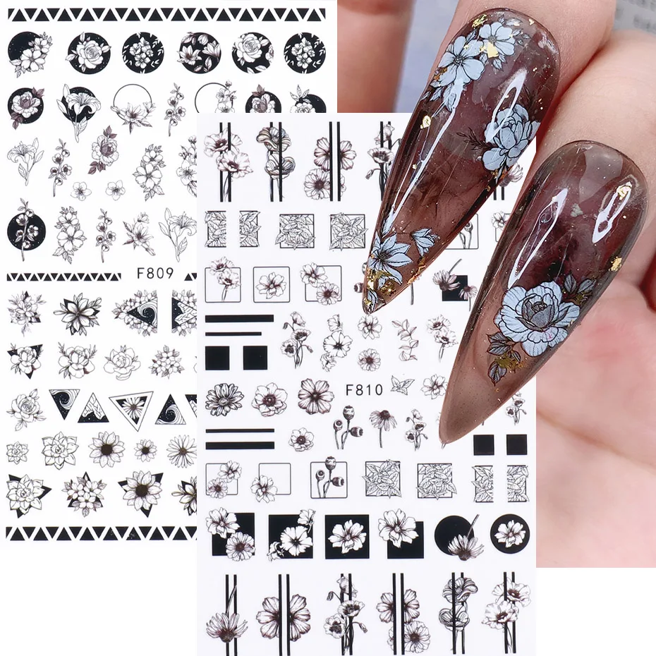 

Black White Flower Nail Sticker Leaf Line Rose Letter Sliders Self Adhesive Gel Polish Decal Valentine's Day Nails Accessories