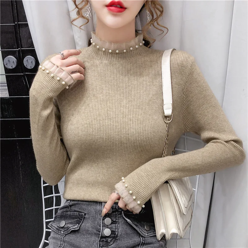 

2021 Autumn Winter Thick Sweater Women Knitted Ribbed Pullover Sweater Long Sleeve Mock-neck Slim Jumper Soft Warm Pull Femme