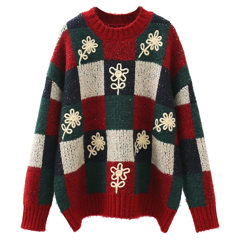 

Vintage Plaid Knitted Women Sweater Pullovers O-Neck Thicken Warm Female Pulls Outwear Tops