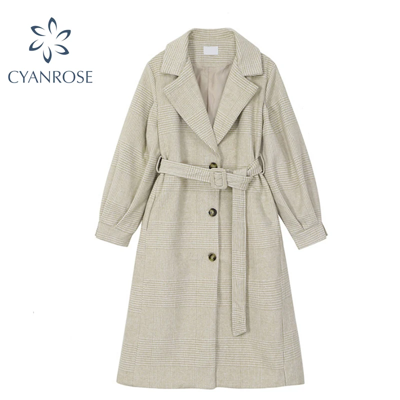 Длинное шерстяное пальто в клетку с поясом женский элегантный кардиган на зиму