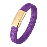 simple purple braided leather rope bracelet for men women bangle steel magnet clasp weave wristband valentines day gift pd0982