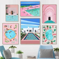 scandinavian pink summer pool canvas painting beach party abstract cartoon poster wall art picture nordic modern home decoration