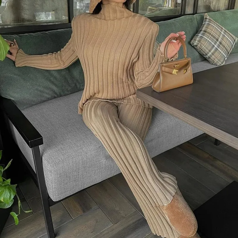 

2021 Ribbed Outfits Knitted Long Sleeve Sweater Top And Pants 2 Piece Sets Casual Loose Tracksuit Fashion Chic Suit