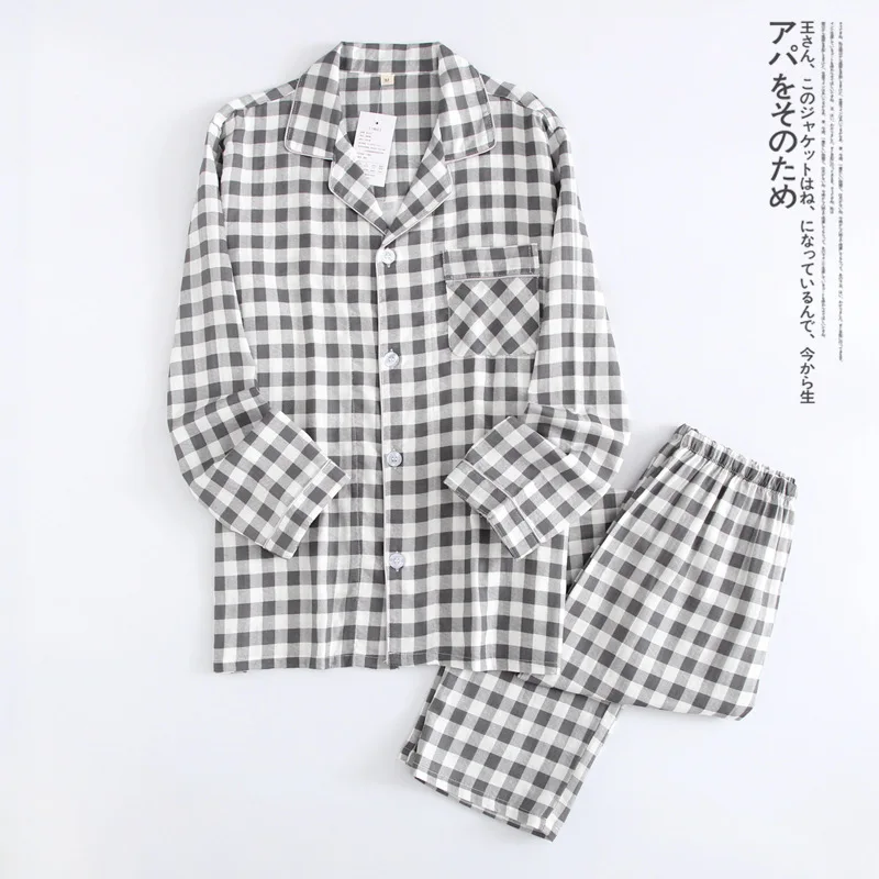 Spring and Summer Couple Pajamas Set Cotton Plaid Leisure and Comfortable New Long Sleeve Pajamas for Men and Women Loose Thin