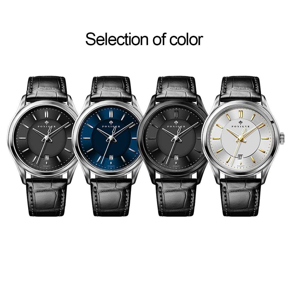 Poniger Fashion Men's Watches Automatic Movement Male Wristwatch Leather Sapphire Date Design Waterproof Genuine Clock | Наручные