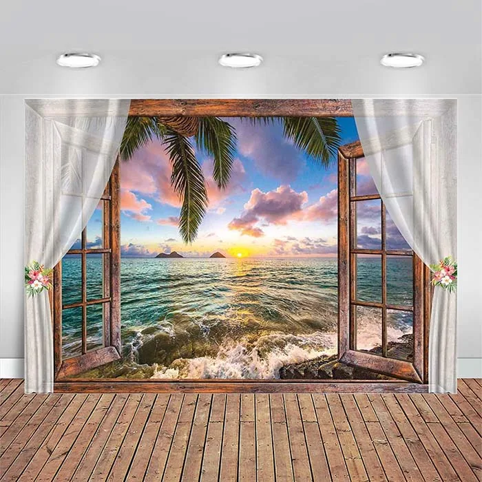 Tropical Island Seaside Scenery Window Photography Backdrop Summer Ocean Scene Sunshine Palm Leaves Windowsill Background