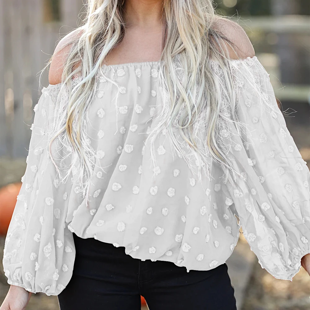 

White Women Off Shoulder Chiffon Blouses Ladies Polka Printed Tops Puff Long Sleeve Casual Slash Neck Solid Shirt for Female D30