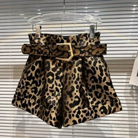 leopard shorts women 2021 winter new belt high waist wide leg short femme casual all match lady outfits nancylim