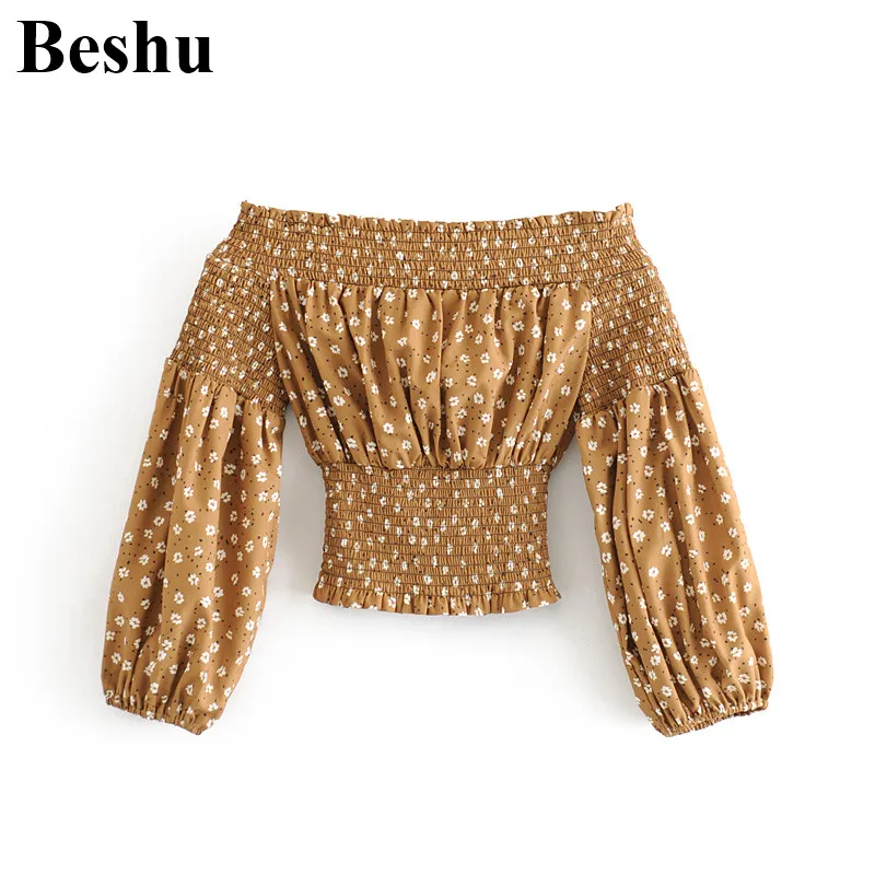 

za 2020 fashion blouse women print word shoulder elastic tops elegant chic blouse female elastic cuff puff sleeve blusas mujer