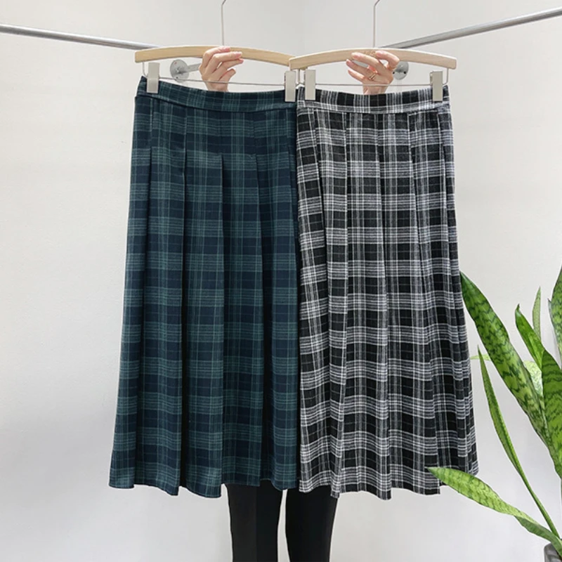 

Autumn Plaid Cotton Blend Pleated Long Skirts Temperament Blue Green Khaki Check Elastic Waist Calf Long Skirts