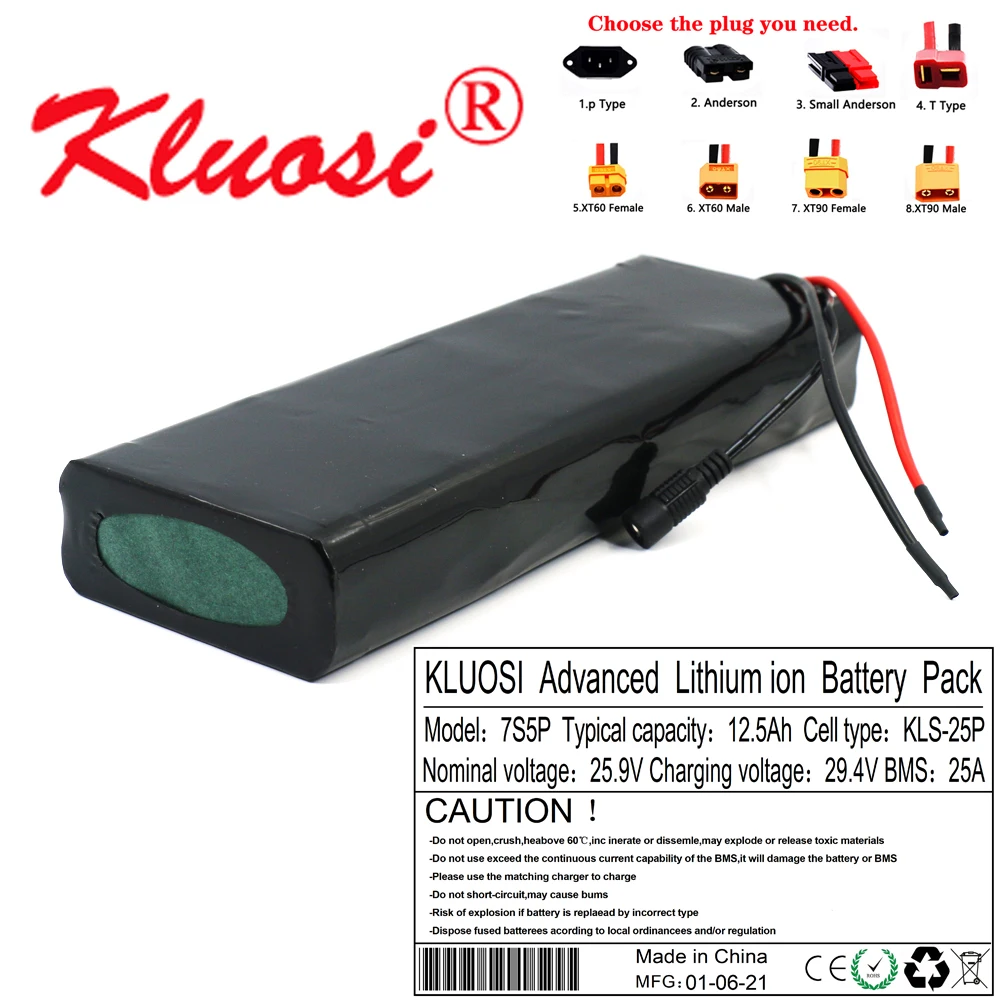 

KLUOSI 25.2V 7S5P 24V 12.5Ah 29.4V 18650 Lithium Battery Pack with25A BMS for Electric Bike Unicycle Scooter Wheelchair Motor