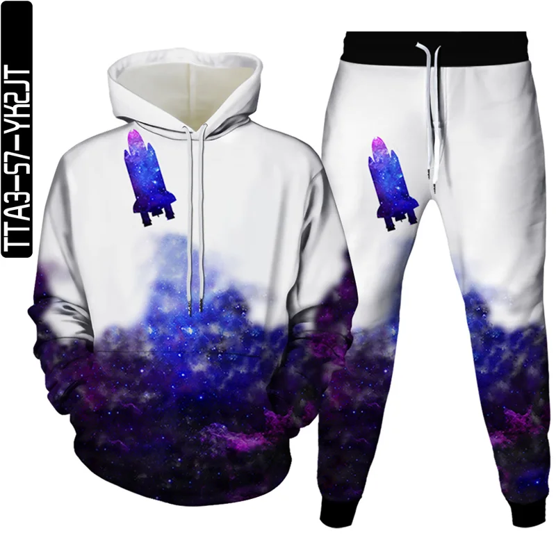 

3D printing starry sky spring and autumn new men's and women's hoodies + sports pants 2 sets of fashionable casual men's hoodies