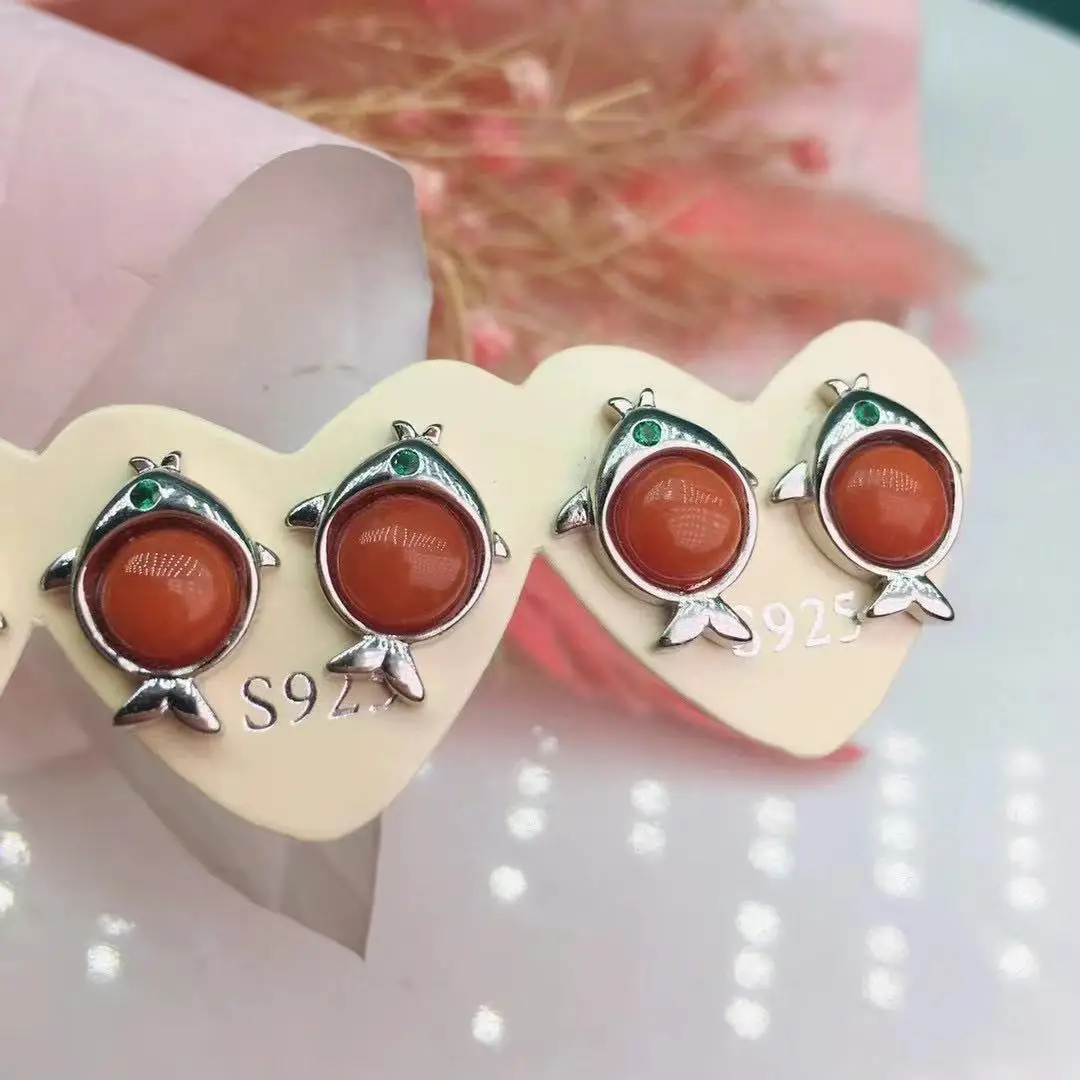 

Natural South Red Agate Stud Earrings For Women 925 sterling silver jewelry Elegant women's gemstone earrings Party wedding gift