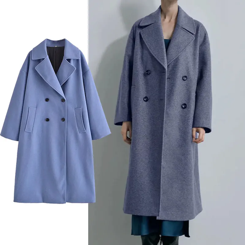 

Женское шерстяное пальто ZA, двубортное длинное пальто с длинным рукавом и карманами, теплая шикарная верхняя одежда на осень-зиму 2021