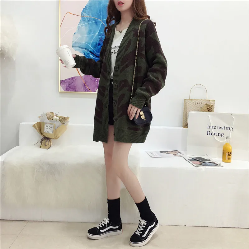 Woherb Harajuku свитер с леопардовой раскраской Женский Повседневный Свободный кардиган осень негабаритный вязаный кардиган джемпер Pull Femme 22979