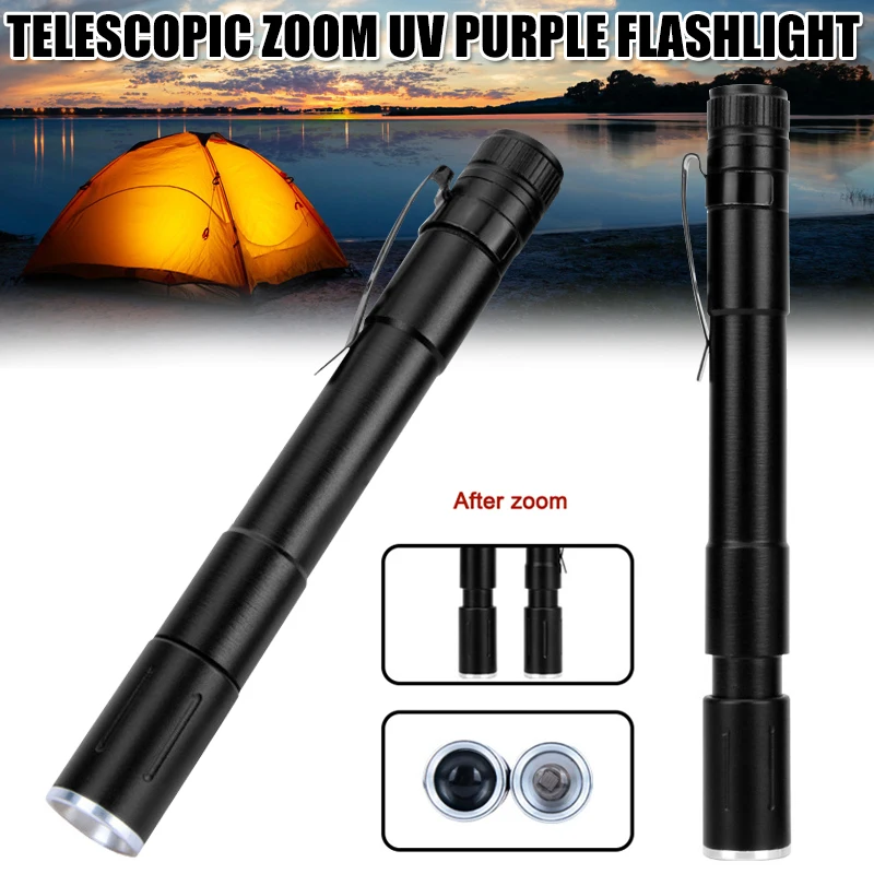 

Mini UV Torch 395nm UV Black Light UV Flashlight for UV Glue Curing Rocks Pet Urine Detector Telescopic Zooms FK88