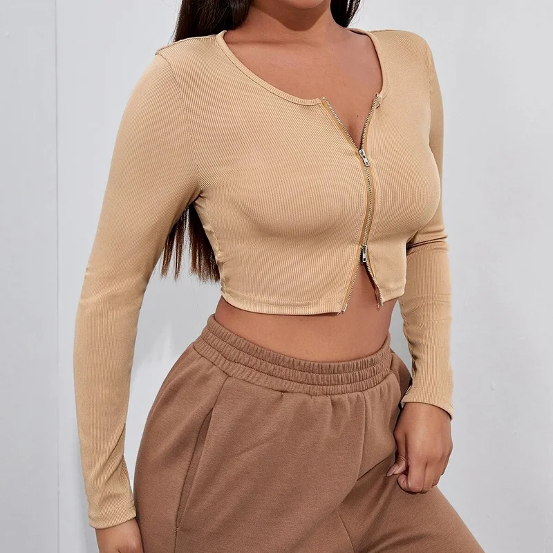 

Y2k Sexy Long-sleeved Cardigan Solid Color Thin Coat Retro Lapel Double Zipper Slim Temperament Knit Sweater Cropped Crop Top