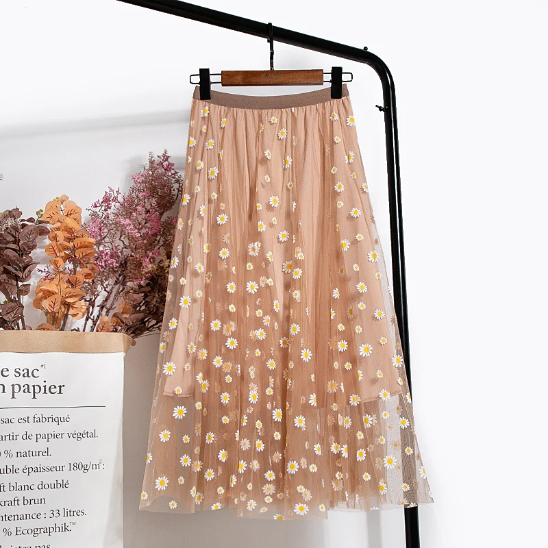 

Женская газовая Юбка-миди, элегантная трапециевидная юбка с завышенной талией, в Корейском стиле, с маргаритками, весна-лето, 2020