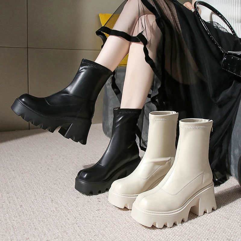 

New 2022 Fashion High Platform Ankle Boots Women Winter Leather Wedges Chunky Shoes Short Chelsea Boots Woman Botas Mujer 8cm