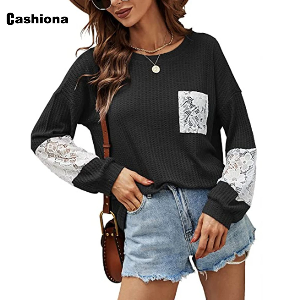 

Cashiona Spliced Lace Women's Basic Top Casual Pullovers O-Neck Loose Knitwear 2021 New Autumn T-shirt Female knitting Pullovers