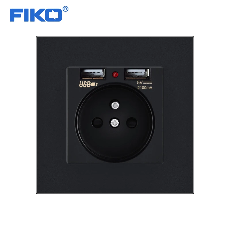 FIKO  FR European standard 16A 250V Household power socket with dual home usb PC panel, EU france standard Black 86mm*86mm