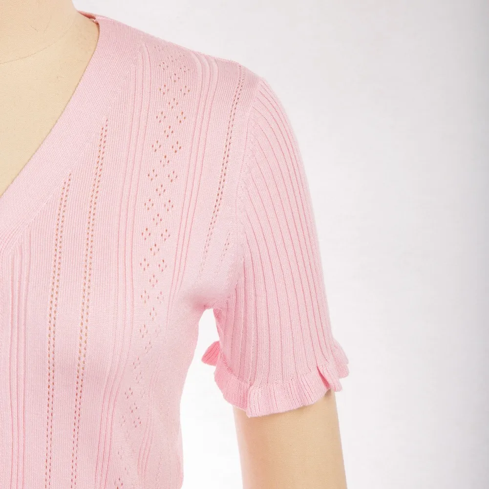 

Knitted Crop Cardigan Women Sweater Ruffled Cardigan Short Sleeve Tops V-Neck Button-Up Solid Knitwear