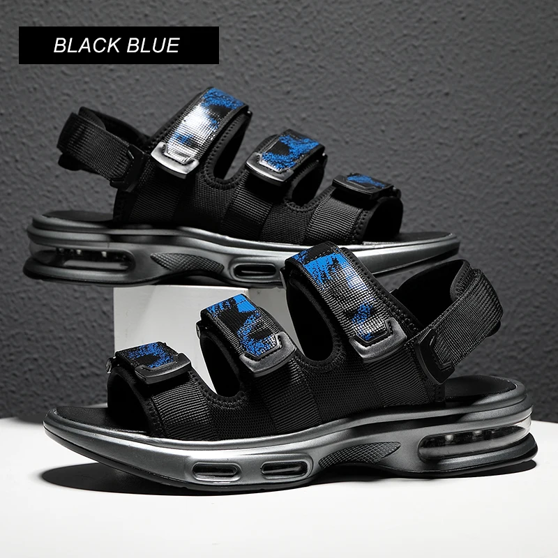 Black-Blue FZNYL; мужские модные сандалии; обувь на воздушной подушке; супер-светильник; нескользящие износостойкие кроссовки для пеших прогулок; пляжная обувь; тапочки - Цвет: Black-Blue