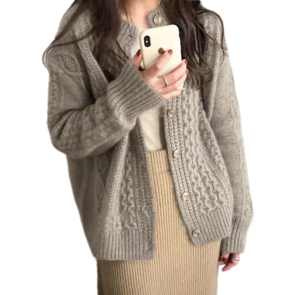 

2022 Autumn and Winter New Cashmere Sweater Cardigan Women Loose Lazy O-neck Twist Cardigan Korean Fashion Knitted Jacket