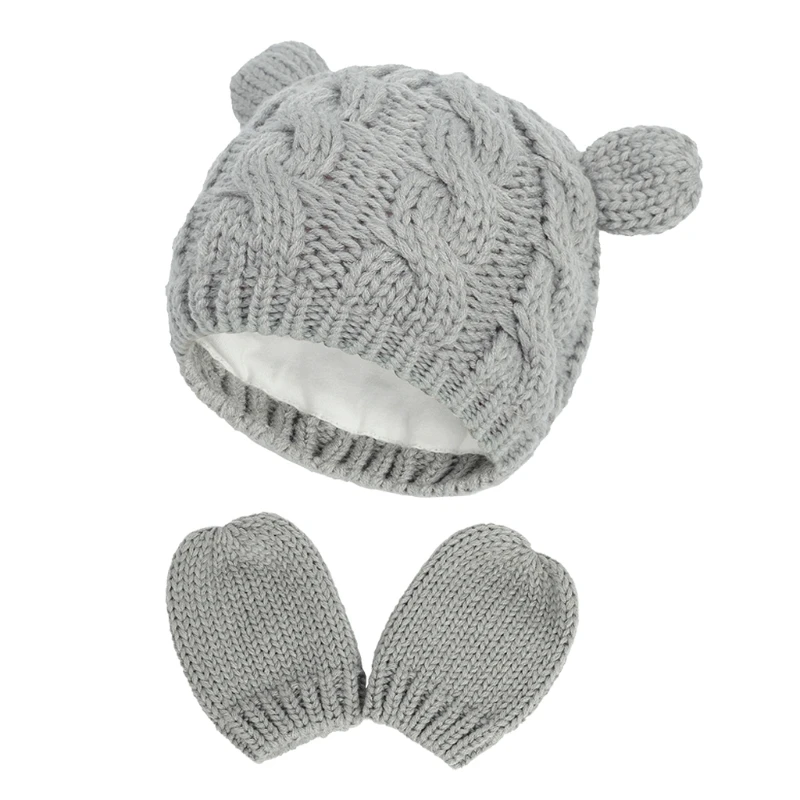 

Baby Hat and Mittens Set Kids Knitted Cotton Beanie Cap Winter Warm Boys Girls Double Pompom Hats Gloves